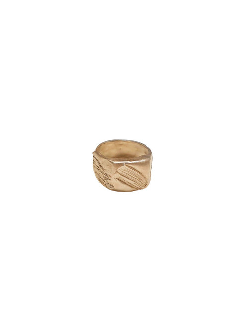 Handcrafted gold signet ring with paint strokes on top on white background