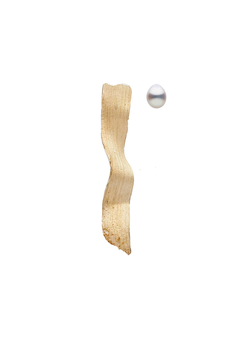 Handcrafted composition earring, showing both sides on a white background in gold 