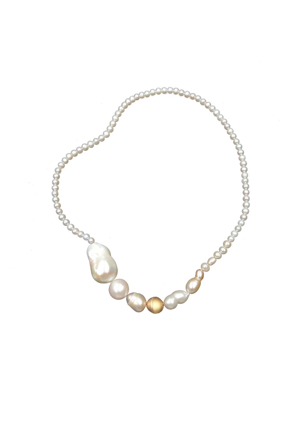 Handcrafted pearl necklace on white background with gold details