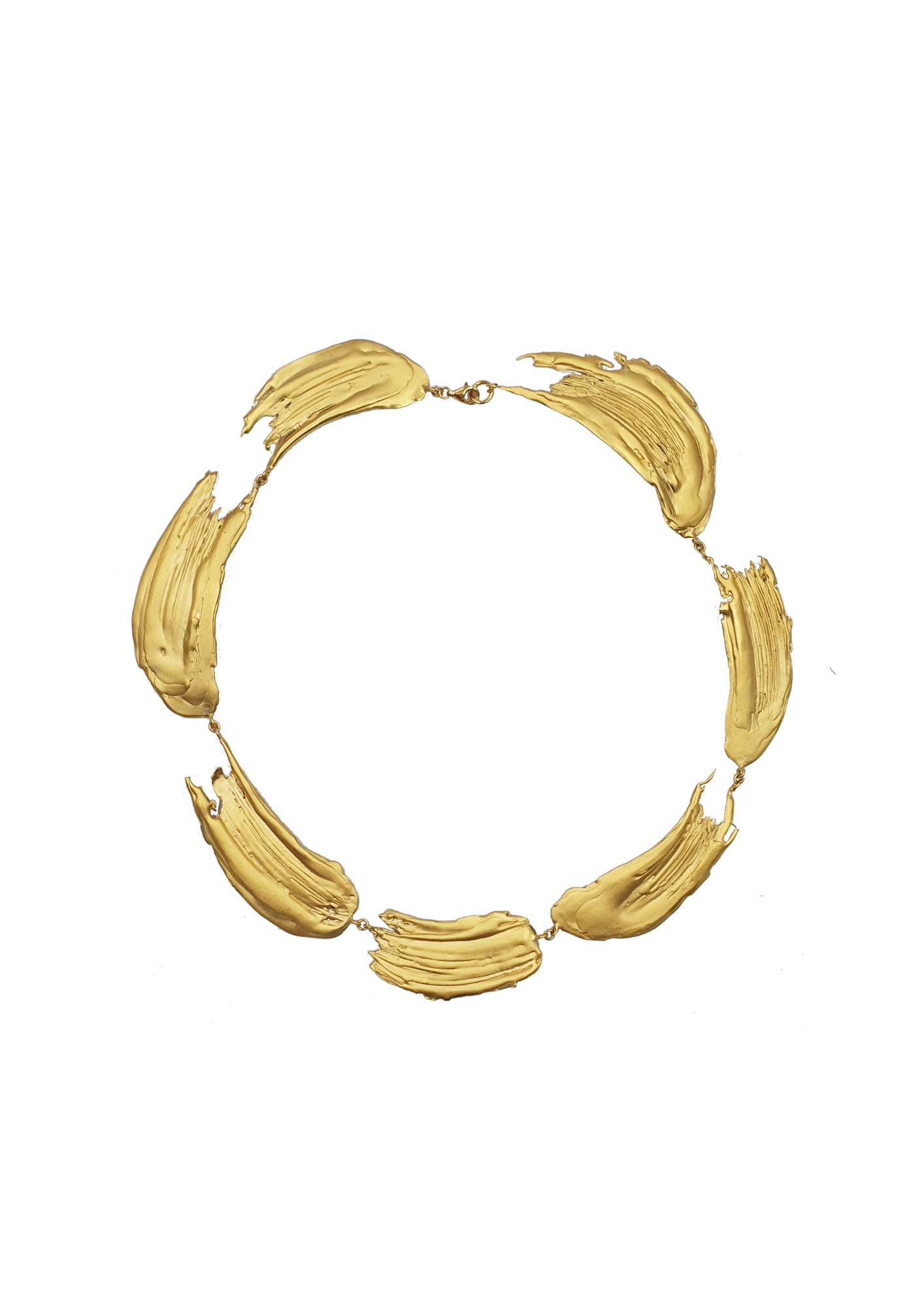 Handcrafted gold necklace looking like paint strokes on a white background