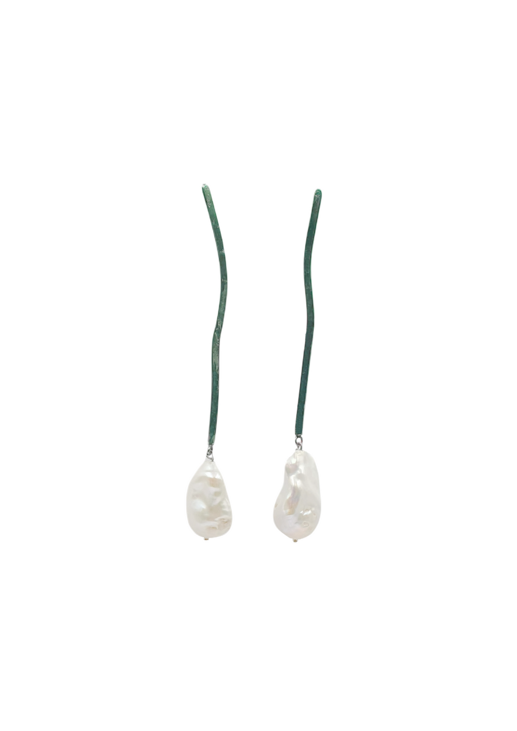 Pair of handcrafted pearl earrings on green strings against a white background