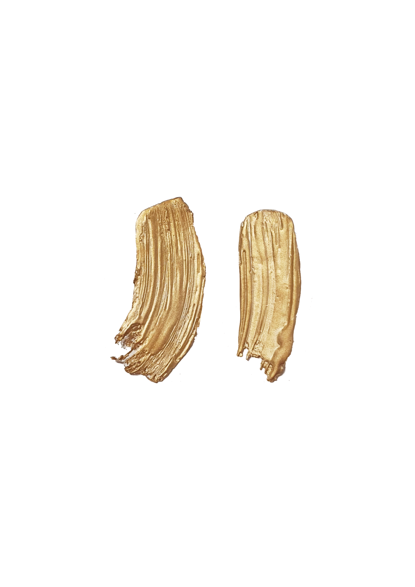Handcrafted gold earrings looking like paint strokes on white background