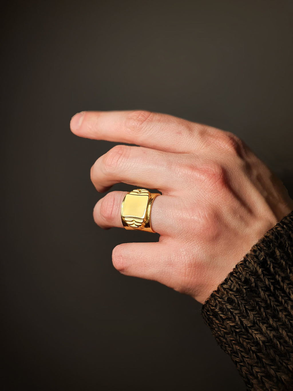 Hand wearing a handcrafted gold ring on a dark background