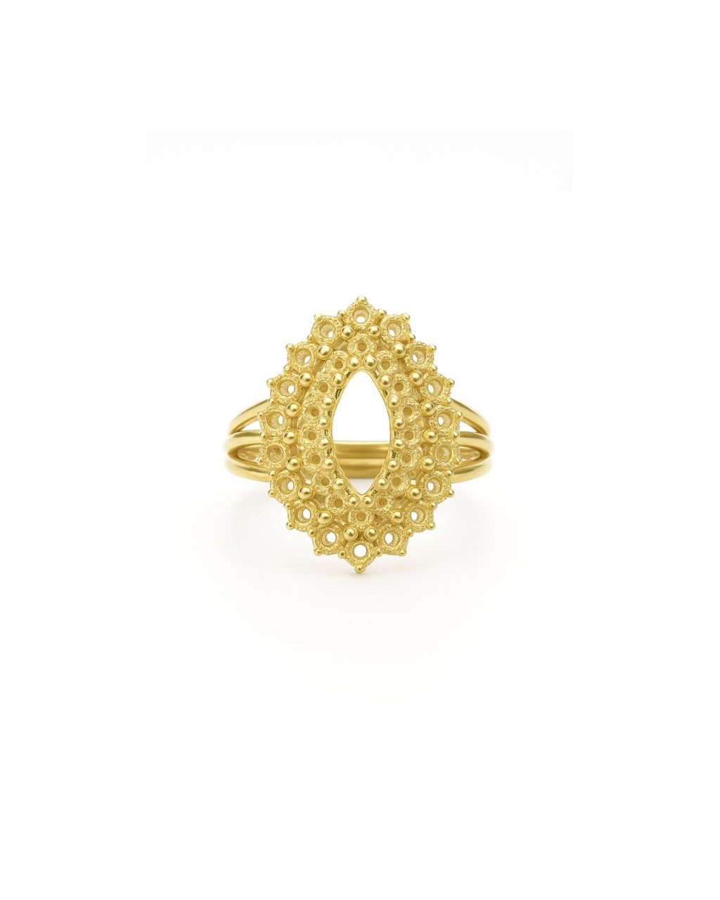 Handcrafted gold ring on white background
