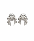 Pair of handcrafted silver orchid-shaped earrings on a white background